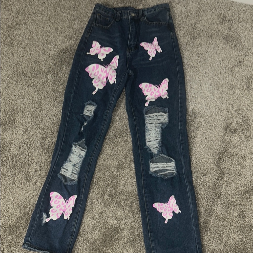 Stylish Women's Jeans with Pink Butterfly Accents